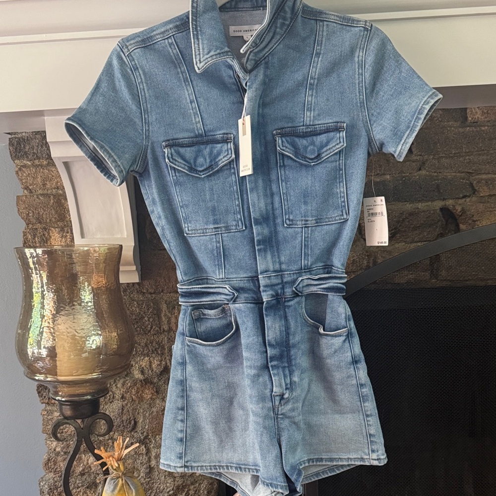 Good American Light Blue Denim Romper